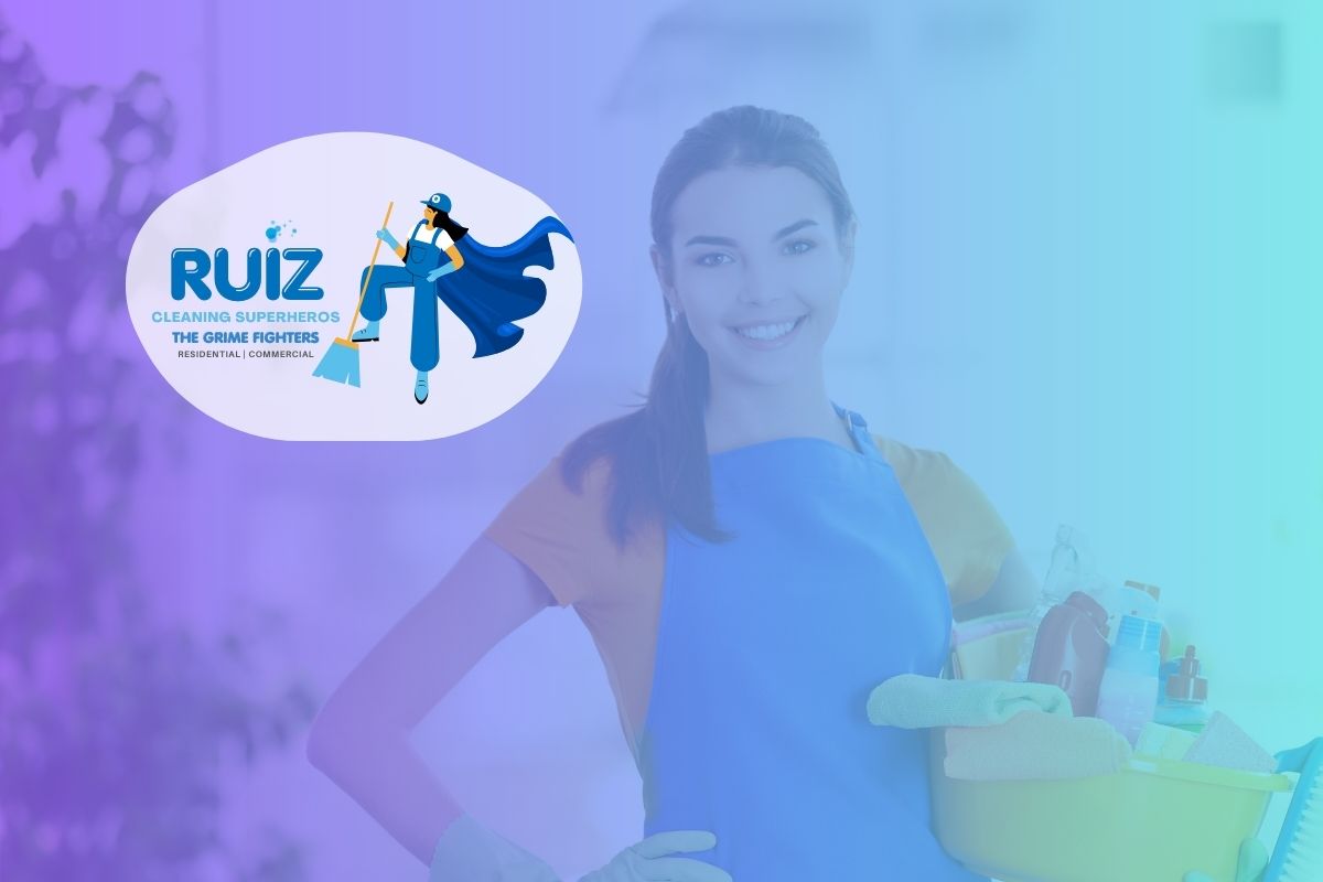 a woman holding a bucket of cleaning supplies